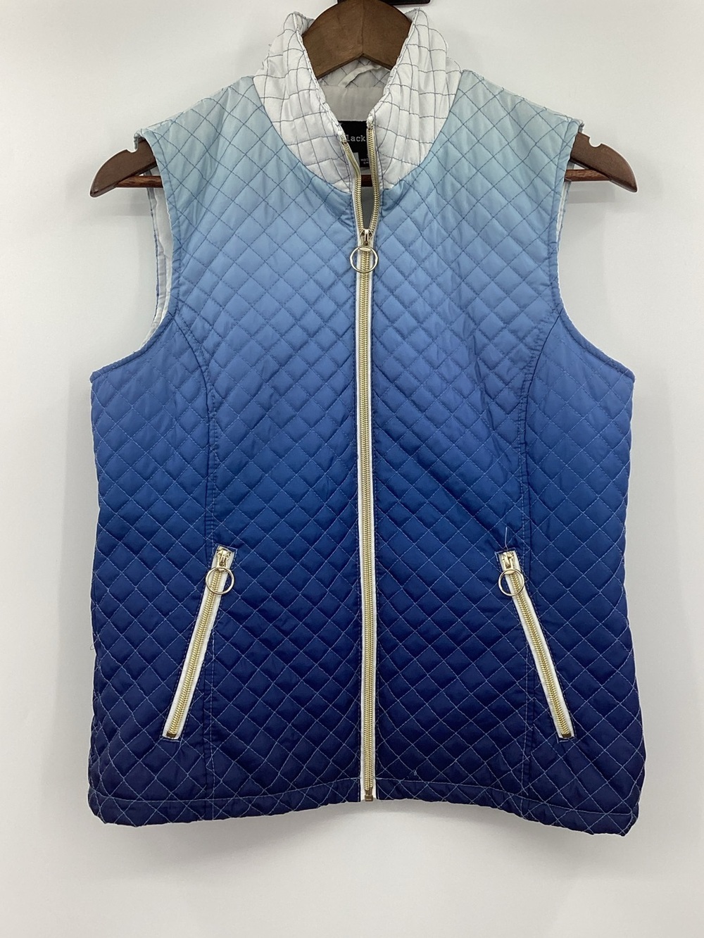 Black Rivet Blue Ombre Quilted Sleeveless Vest with Gold Zippers